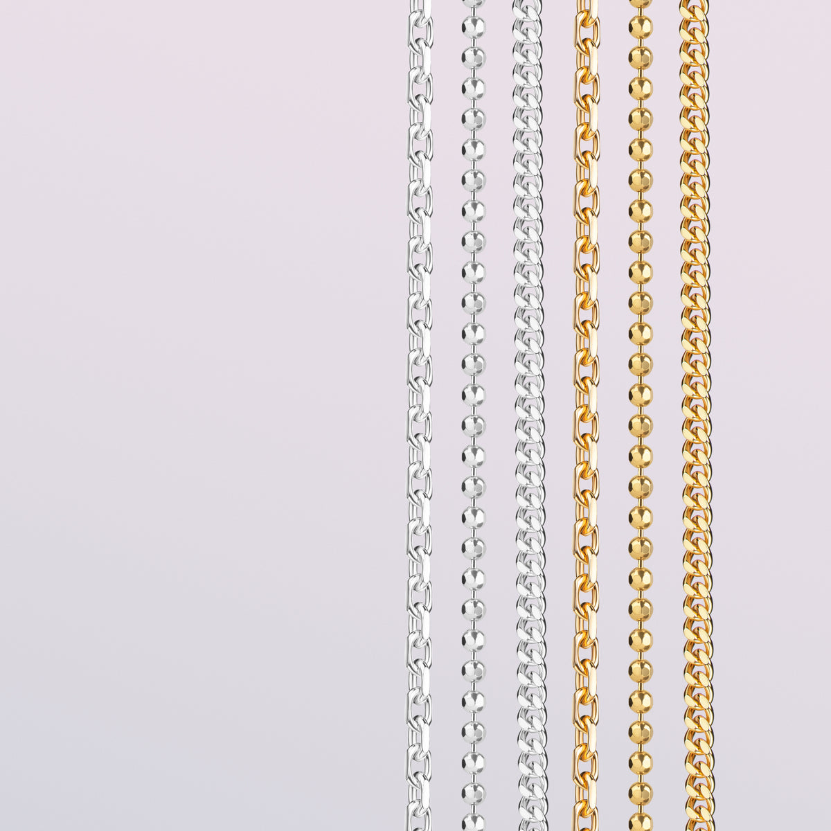 5 verschiene Ketten Ankerkette, Panzerkette, Kugelkette in Silber und Gold