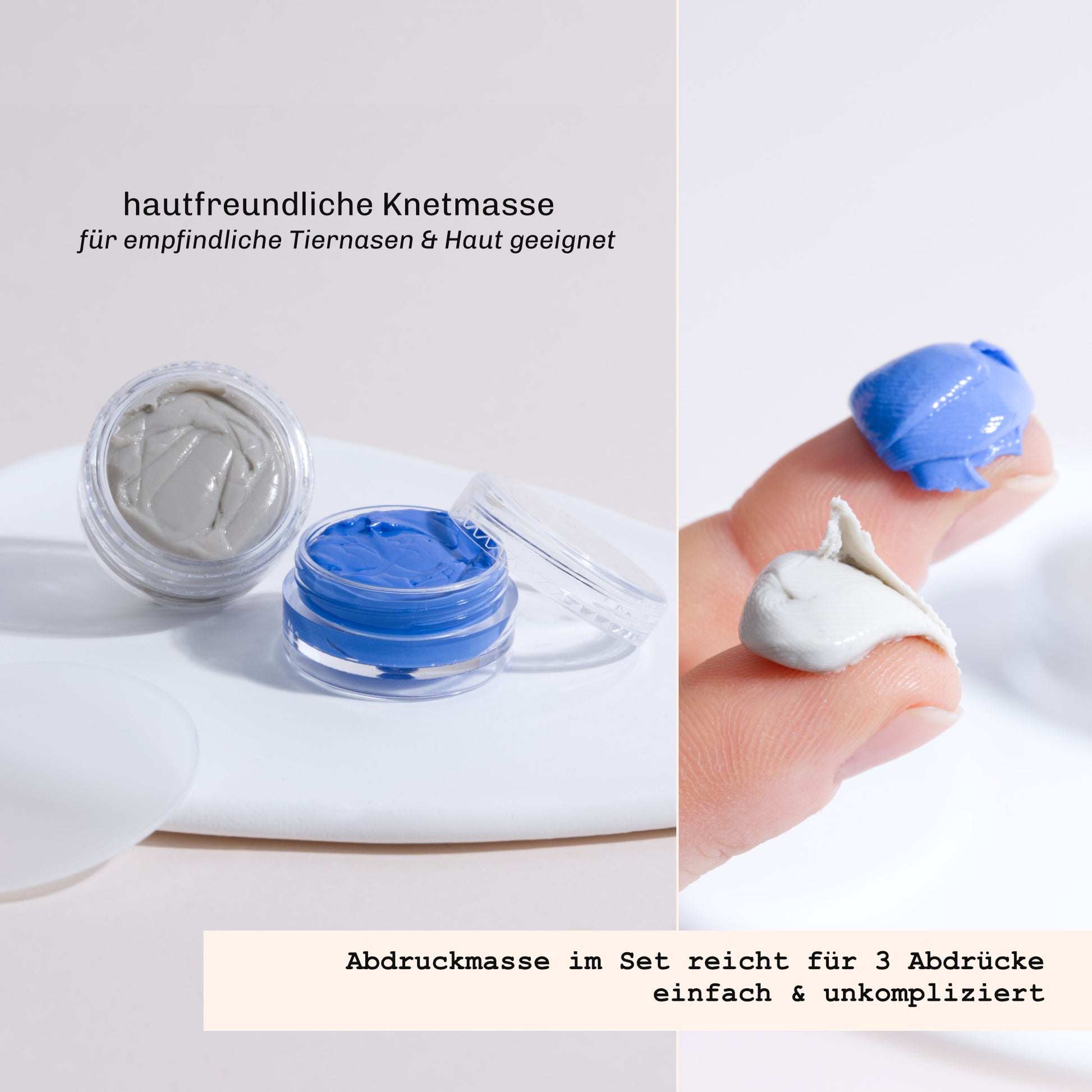 Döschen mit silikonmasse und zwei Portionen Masse auf Finger 