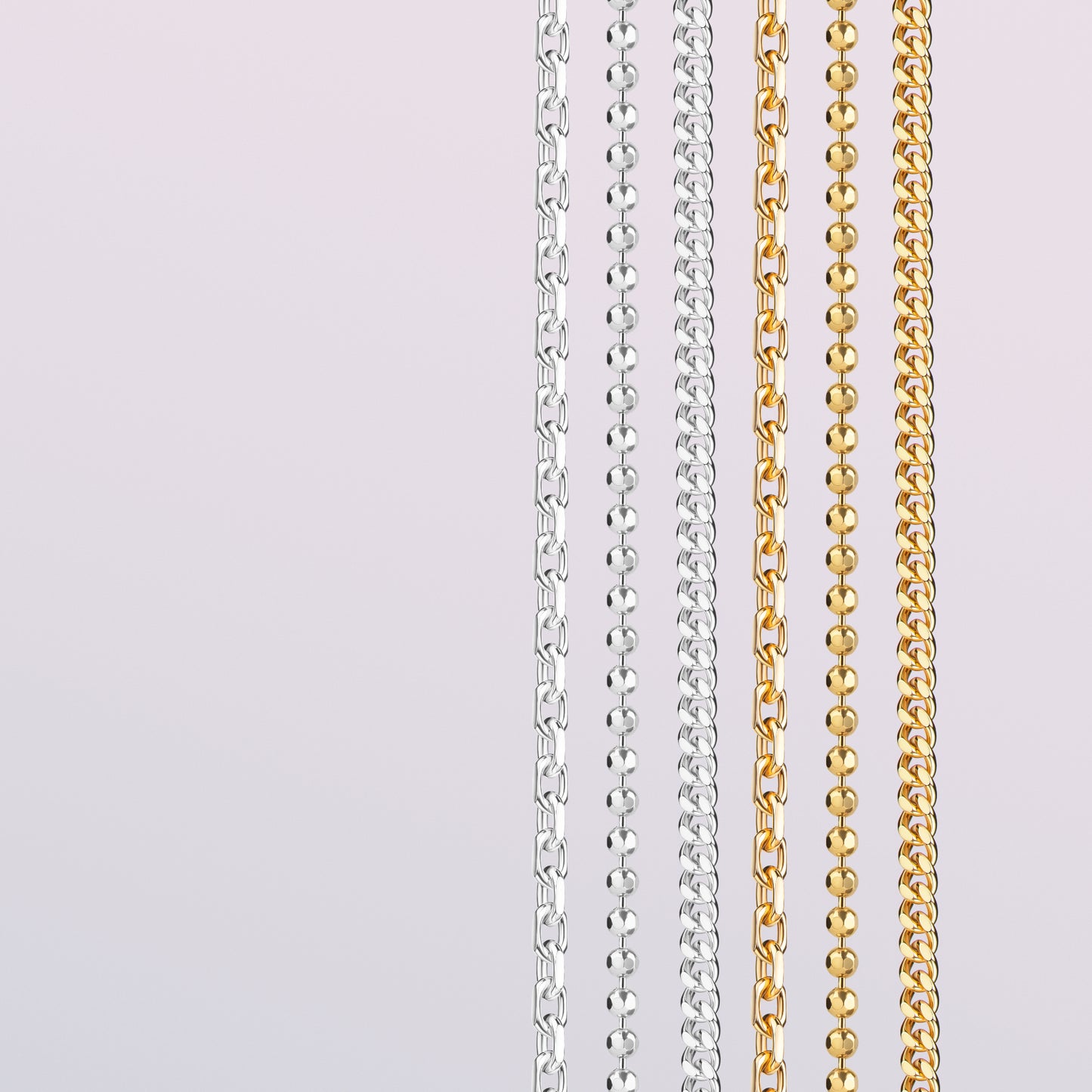 5 verschiene Ketten Ankerkette, Panzerkette, Kugelkette in Silber und Gold 