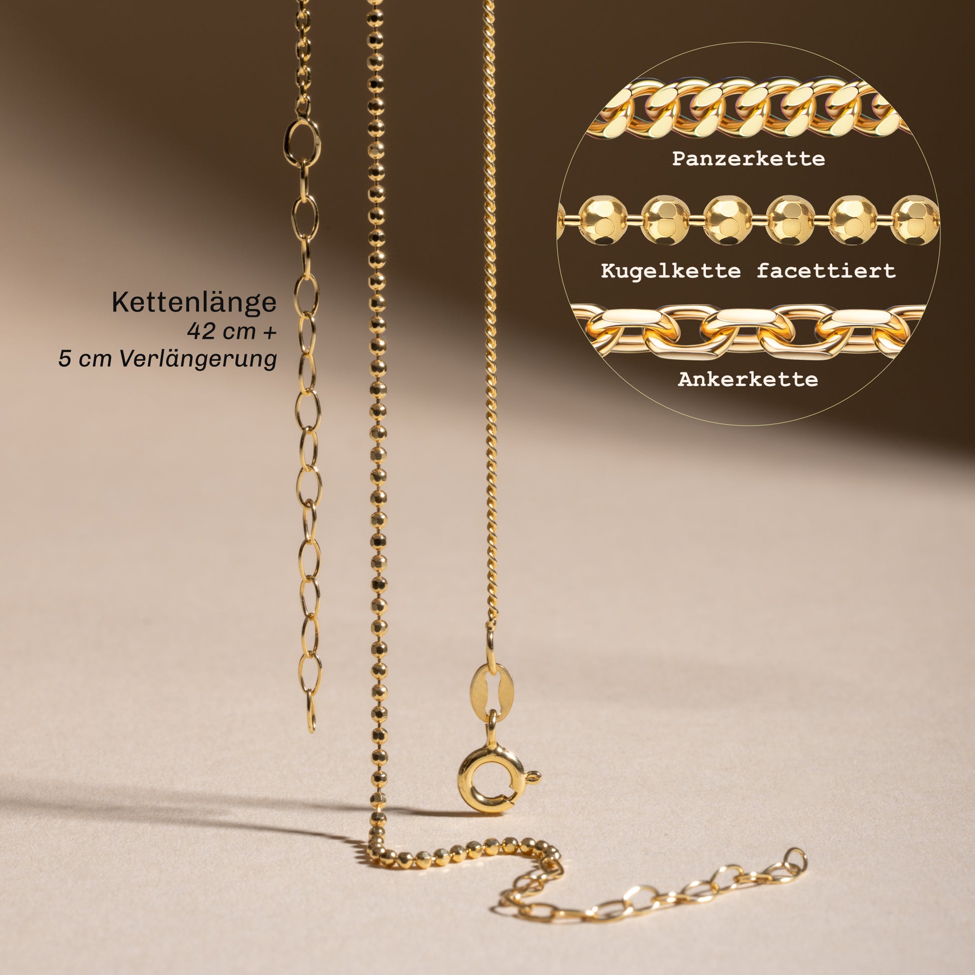 Kugelkette Panzerkette und Ankerkette in Gold 